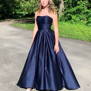 Navy Satin Strapless Maxi Dress